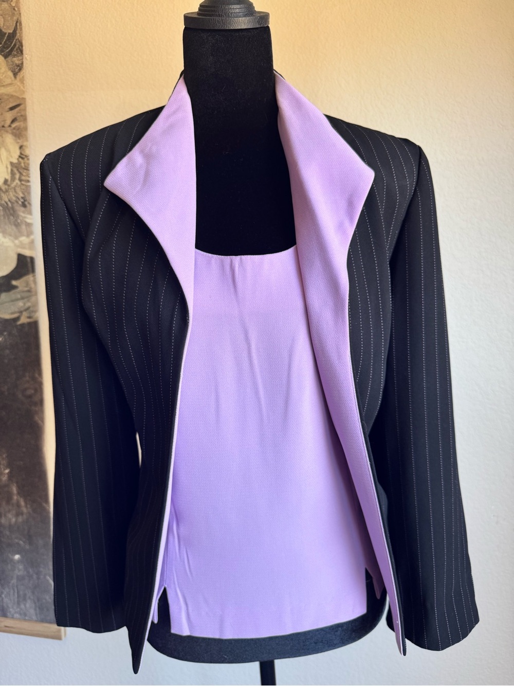 Perceptions Black Pinstripe Blazer with Lilac Interior